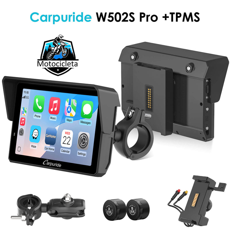 Carpuride W702S Pro/W502S Pro - Con opción TPMS – Estéreo para motocicleta Plug-and-Play con soporte de fácil montaje y desmontaje, estilo similar a un soporte de navegación