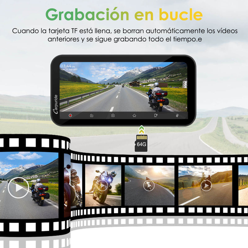 Carpuride W603D - Estéreo portátil inalámbrico para motocicleta con cámaras duales HD