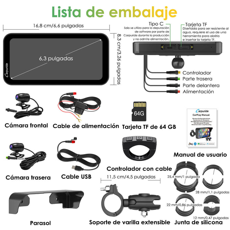 Carpuride W603D - Estéreo portátil inalámbrico para motocicleta con cámaras duales HD