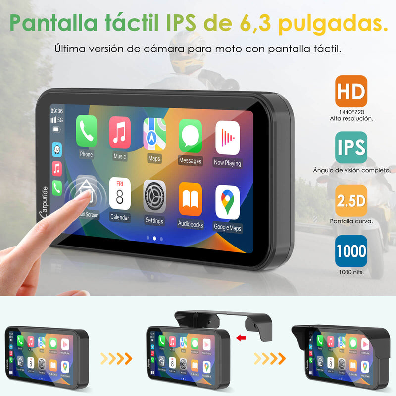 Carpuride W603D - Estéreo portátil inalámbrico para motocicleta con cámaras duales HD