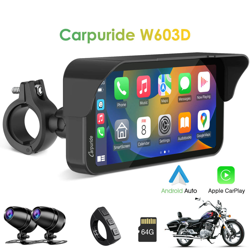 Carpuride W603D - Estéreo portátil inalámbrico para motocicleta con cámaras duales HD
