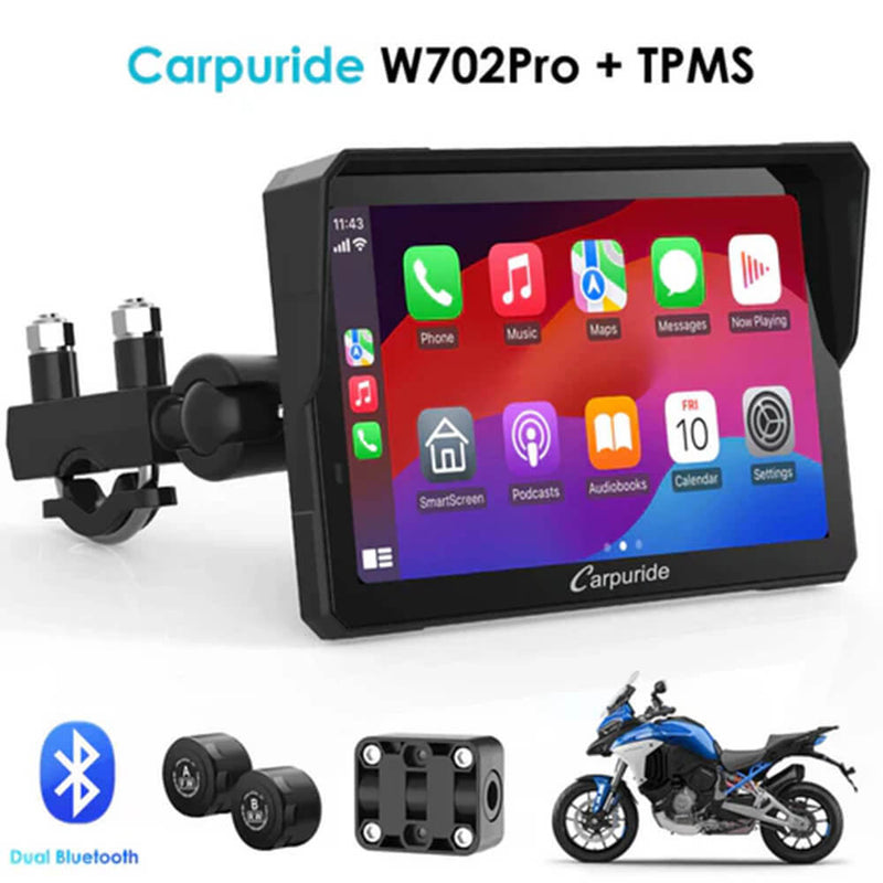 Carpuride W502Pro/W702 Pro - Opción TPMS | Estéreo portátil inalámbrico para motocicleta con Bluetooth dual, intercomunicador, brújula y barómetro