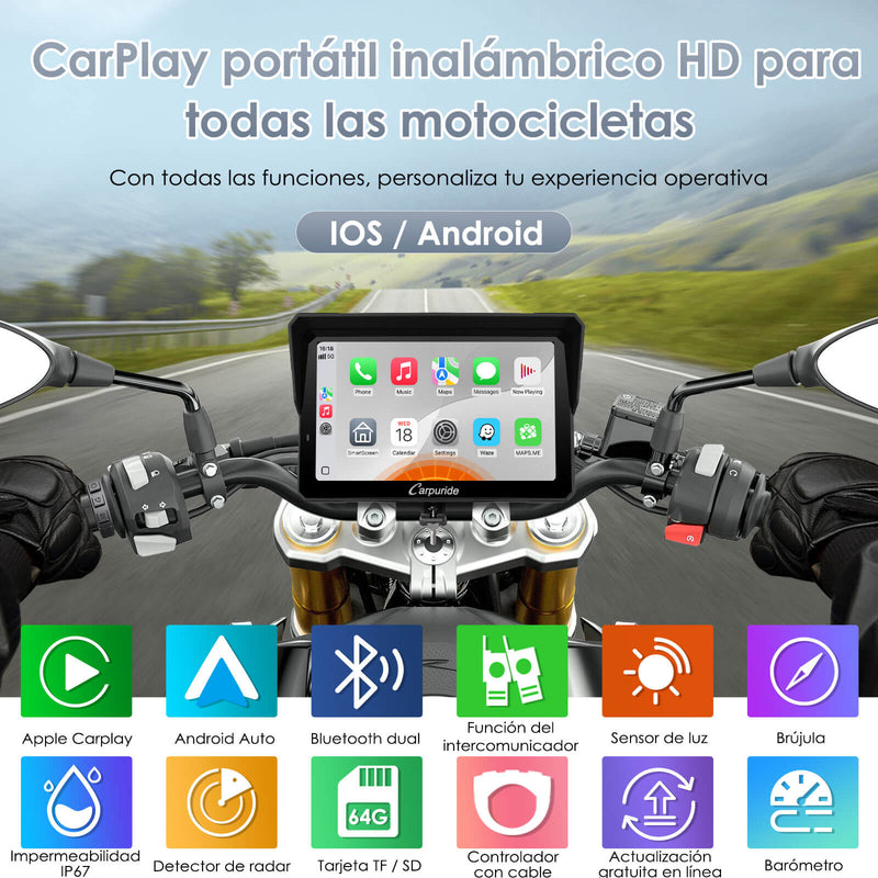 Carpuride W702RS Pro - Estéreo para motocicleta Plug-and-Play con sistema BSD y detección de radar