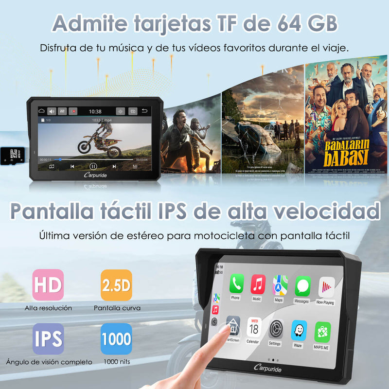 Carpuride W702RS Pro - Estéreo para motocicleta Plug-and-Play con sistema BSD y detección de radar