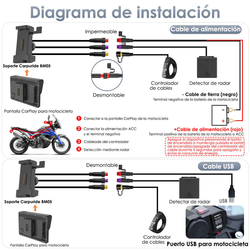 Carpuride W702RS Pro - Estéreo para motocicleta Plug-and-Play con sistema BSD y detección de radar
