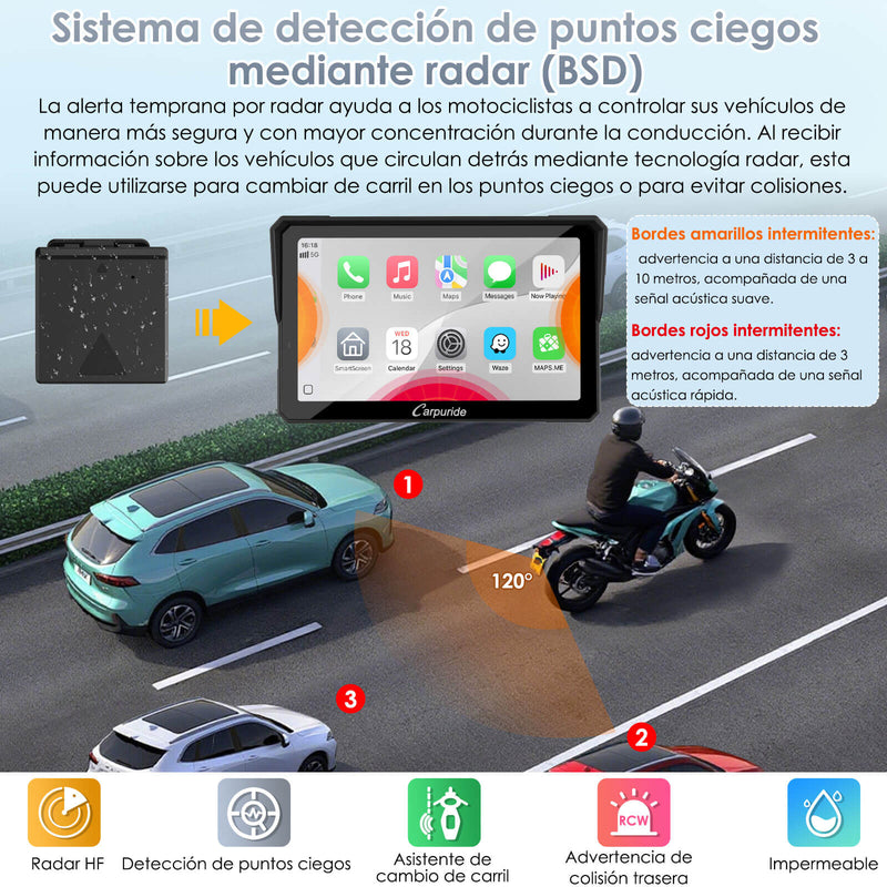 Carpuride W702RS Pro - Estéreo para motocicleta Plug-and-Play con sistema BSD y detección de radar