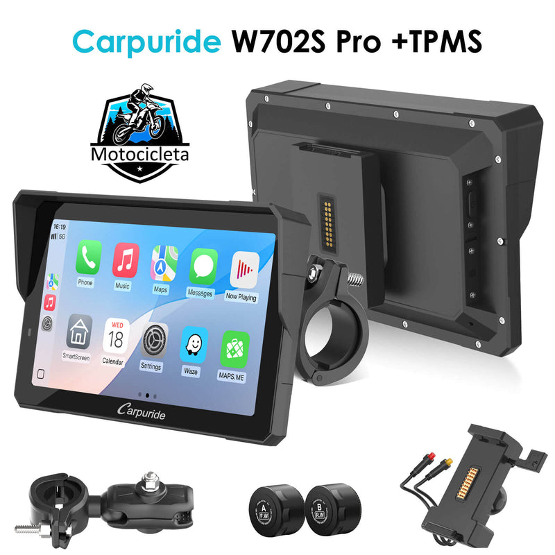 Carpuride W702S Pro/W502S Pro - Con opción TPMS – Estéreo para motocicleta Plug-and-Play con soporte de fácil montaje y desmontaje, estilo similar a un soporte de navegación