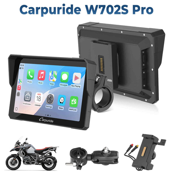 Carpuride W702S Pro/W502S Pro - Con opción TPMS – Estéreo para motocicleta Plug-and-Play con soporte de fácil montaje y desmontaje, estilo similar a un soporte de navegación
